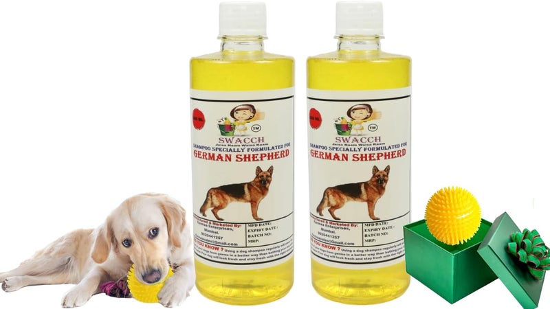 swacch Shampoo | Puppy Safe Shampoo | PH Balanced | Ditch to Itch for German Shepherd Shampoo 500ml Pack of 2 (Lemon) + Spike Ball Chew Toy Combo Pack - Image 1