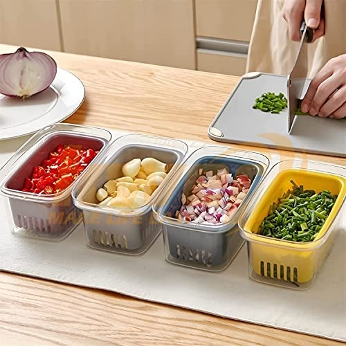 Kwer Fridge Storage Boxes Storage Containers 1000Ml Fridge Organizer Storage Box With Stackable Drain Rack And Lids For Keep Fresh Fish, Meat, Vegetable (Plastic) Pack Of 4 - Transparent - Image 1