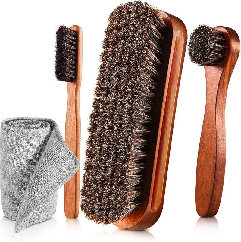 ZJoey 4 Pcs Horsehair Shine Shoes Brush Kit Polish Dauber Applicators Cleaning Leather Shoes Boots Care Brushes Suede Cleaner Brush with Microfiber Shoe Cloth(4 Pcs Style A) - Image 1