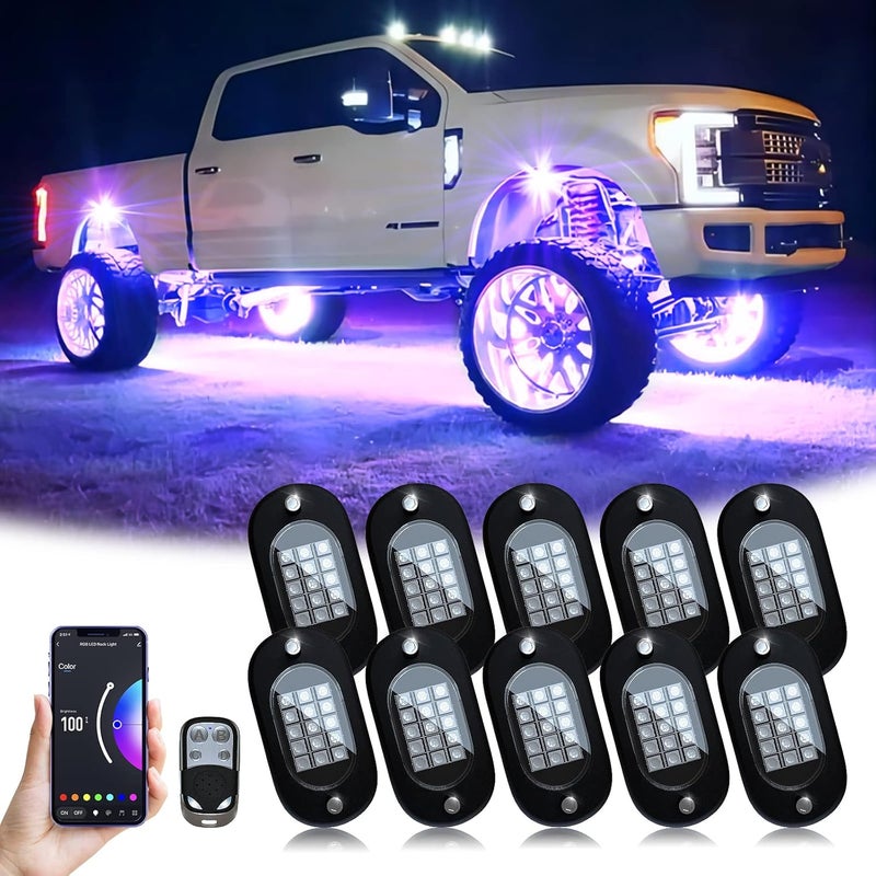 YiLaie RGB LED Rock Lights, with Phone App/Remote Control & Timing & Music Mode Rock Lights Kits, Waterproof Underglow Light for ATV RZR UTV SUV Off Road Car Motorcycle (10 Pods) - Image 1