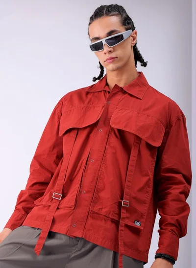 The Indian Garage Co Men Boxy Fit Solid Full Sleeves Cutaway Collar Double Flap Pocket Street Wear Shirt
