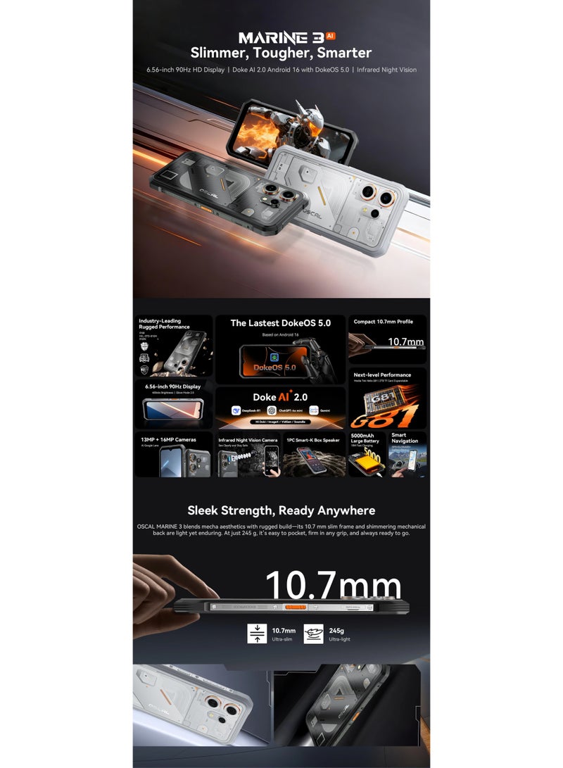 OSCAL MARINE 3 Rugged Smartphone 6.56" HD 90Hz Display Helio G81 13MP+16MP Camera 5000mAh Battery Android 16 Mobile - Image 3