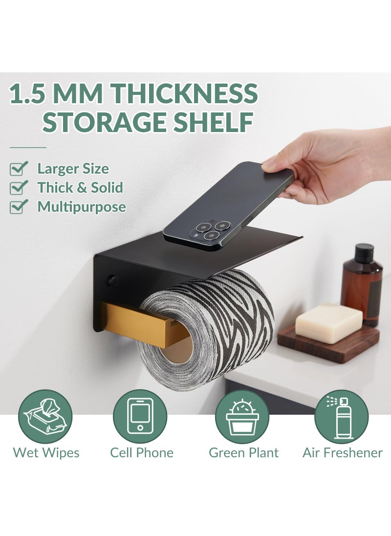 APLusee Toilet Paper Holder with Phone Shelf Black & Gold  APLusee 304 Stainless Steel Tissue Roll Dispenser Storage  Bathroom Accessories Wall Mounted  - Image 3