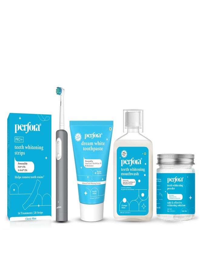 بيرفورا مجموعة بيرفورا لتبييض الأسنان | فرشاة أسنان متذبذبة ليميتليس جراي، معجون أسنان دريم وايت، مسحوق تبييض الأسنان 50 جم، غسول فم لتبييض الأسنان 200 مل، وشرائط - 14 استخدامًا | تركيبة آمنة على مينا الأسنان وخالية من الحساسية للعناية بالفم وإزالة بقع الأسنان | عبوة من 5 قطع - Image 1
