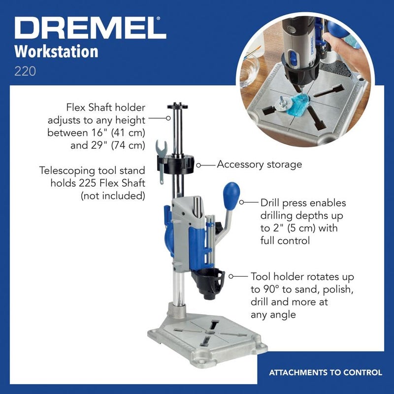 Dremel Drill Press Rotary Tool Workstation Stand with Wrench - Mini Portable Press & Tool Holder - 2 Inch Depth- Ideal for Drilling Perpendicular and Angled Holes - 220-01 - Image 2