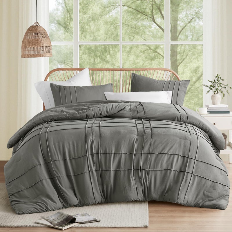 Comfort Spaces Grey Queen Size Comforter Set - 3 Piece Pintuck Pleated Bedding Set, All Season Lightweight, Extra Softness Pre-Washed Microfiber Bed Set, Shams - Image 1