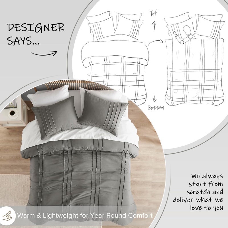 Comfort Spaces Grey Queen Size Comforter Set - 3 Piece Pintuck Pleated Bedding Set, All Season Lightweight, Extra Softness Pre-Washed Microfiber Bed Set, Shams - Image 4