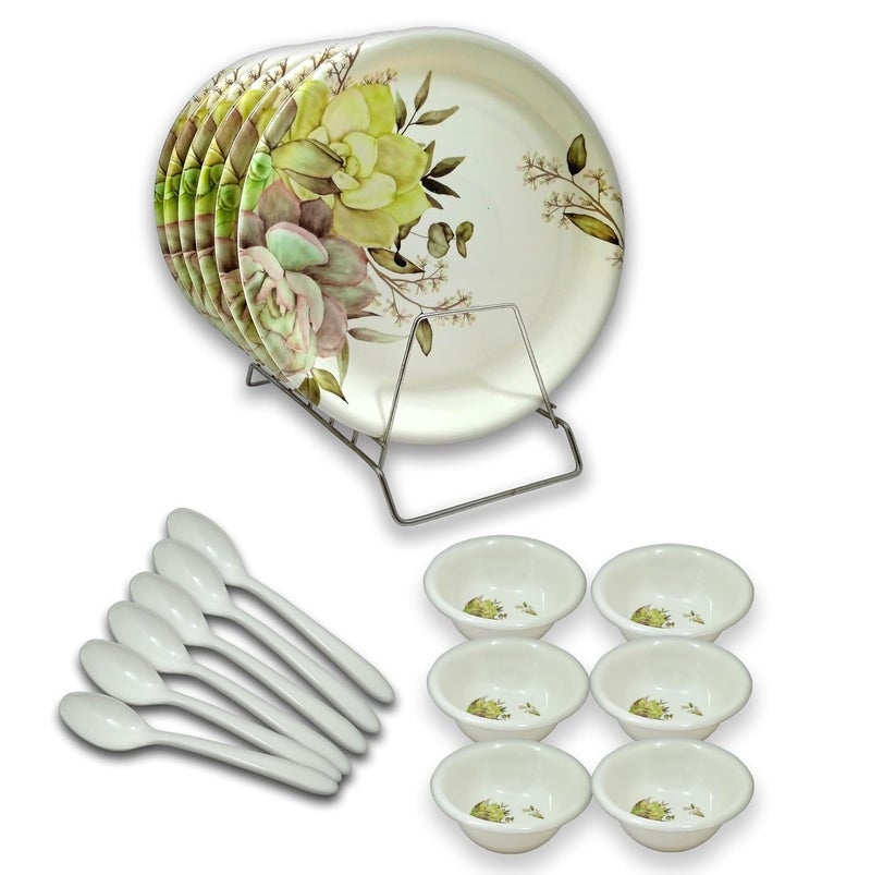 BHOJANWARE Every Occasion Covered 18Piece Melamine Dinner Set Contains 6 Full Plates 6 Bowls and 6 SpoonsPerfect for Dinning - Image 3