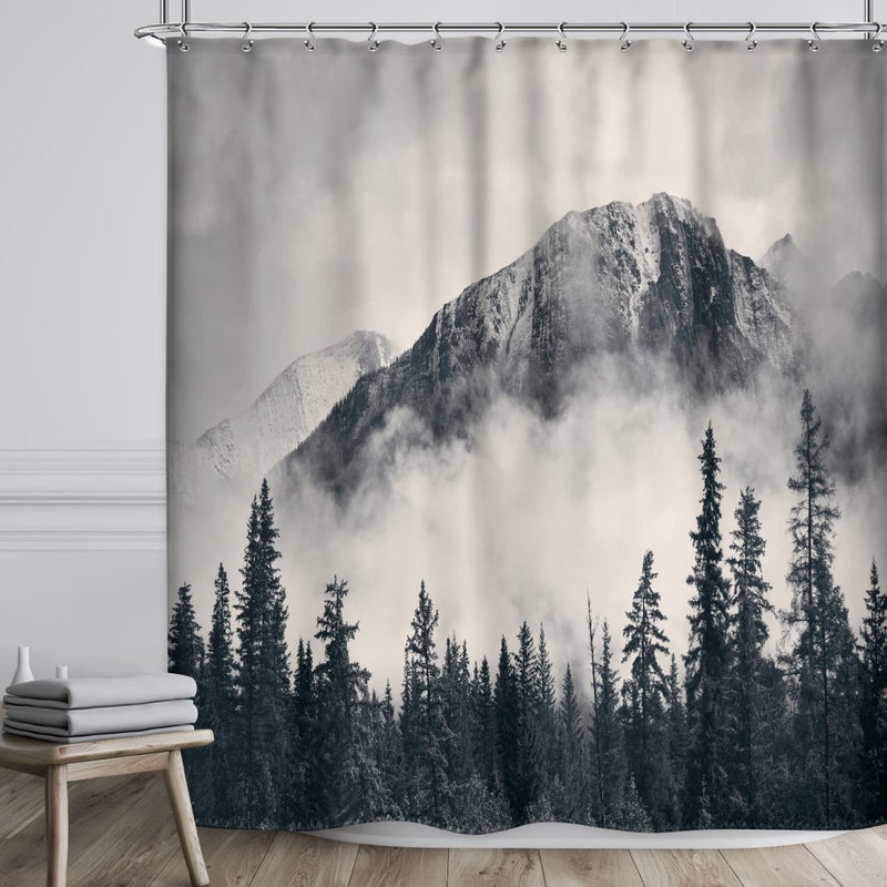 Riyidecor Misty Shower Curtain Bathroom Set 72Wx72H Inch Foggy Smokey Mountain Cool Rustic Nature Scenery View for Men White Black Tree Bathtub Woodland Landscape Art Decor RY-WHRV - Image 2