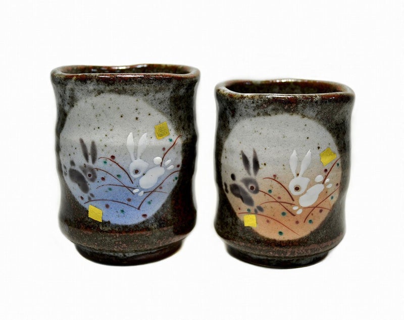Kutani HlpiAMok HOMIEBUDS Kutani Ware K4-682 Jumping Rabbit Pair Japanese Teacups Yunomi Brown Color - Image 2