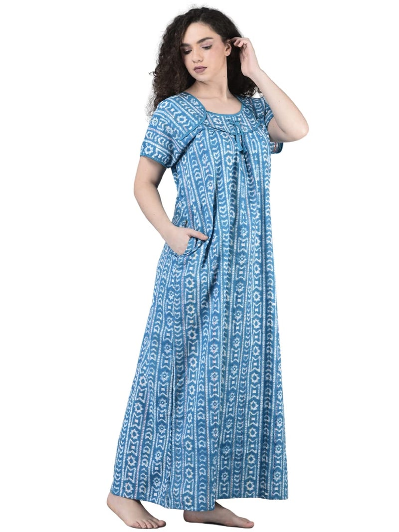 Noty Store Noty ® Girl's/Women's Cotton- Batik Print- Nighty/Nightwear/Maxi/Gown - Free Size (Sky Blue, Free Size) - Image 1