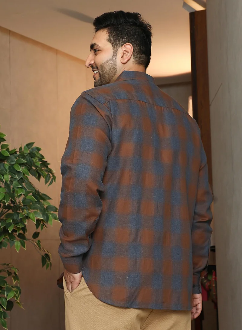 Instafab Plus Instafab Plus Men's Sienna Brown & Steel Blue Brushing-Checks Regular Shirt | Button-Down Collar , Long Cuffed Sleeves , Button Closure , Curved Hemline | Checks Plain Cotton For Street & Casual Wear