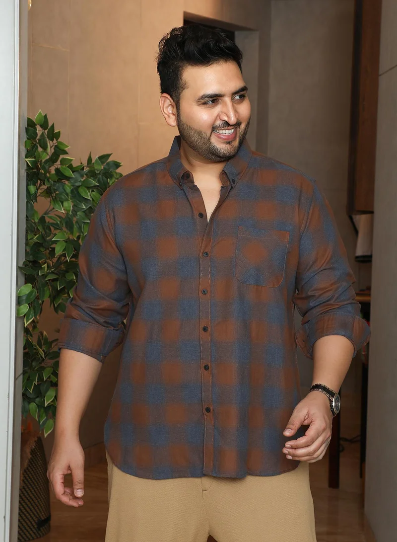 انستافاب بلس Instafab Plus Men's Sienna Brown & Steel Blue Brushing-Checks Regular Shirt | Button-Down Collar , Long Cuffed Sleeves , Button Closure , Curved Hemline | Checks Plain Cotton For Street & Casual Wear