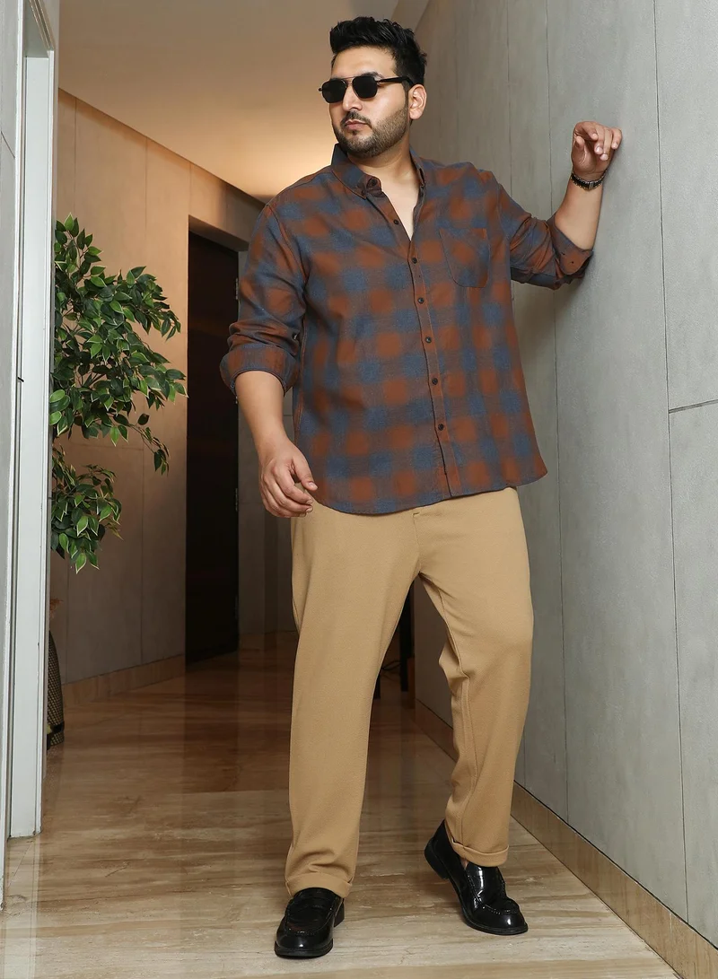 Instafab Plus Instafab Plus Men's Sienna Brown & Steel Blue Brushing-Checks Regular Shirt | Button-Down Collar , Long Cuffed Sleeves , Button Closure , Curved Hemline | Checks Plain Cotton For Street & Casual Wear