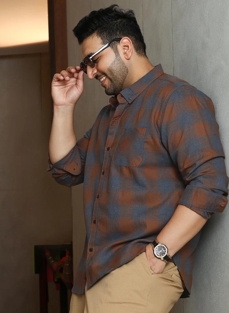 انستافاب بلس Instafab Plus Men's Sienna Brown & Steel Blue Brushing-Checks Regular Shirt | Button-Down Collar , Long Cuffed Sleeves , Button Closure , Curved Hemline | Checks Plain Cotton For Street & Casual Wear