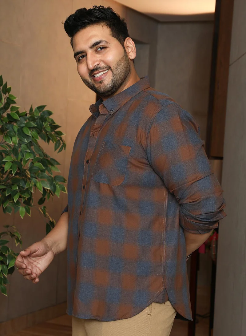 Instafab Plus Instafab Plus Men's Sienna Brown & Steel Blue Brushing-Checks Regular Shirt | Button-Down Collar , Long Cuffed Sleeves , Button Closure , Curved Hemline | Checks Plain Cotton For Street & Casual Wear