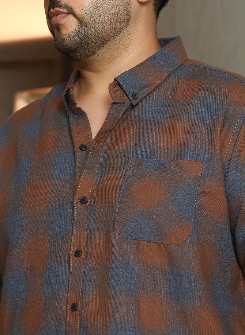 Instafab Plus Instafab Plus Men's Sienna Brown & Steel Blue Brushing-Checks Regular Shirt | Button-Down Collar , Long Cuffed Sleeves , Button Closure , Curved Hemline | Checks Plain Cotton For Street & Casual Wear