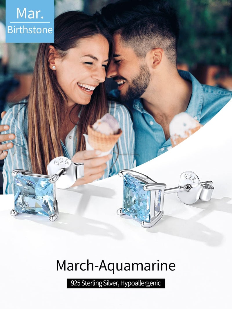 ChicSilver March Birthstone Earrings for Women 925 Sterling Silver Small Princess Cut Aquamarine Blue Gemstone Stud Earrings - Image 5