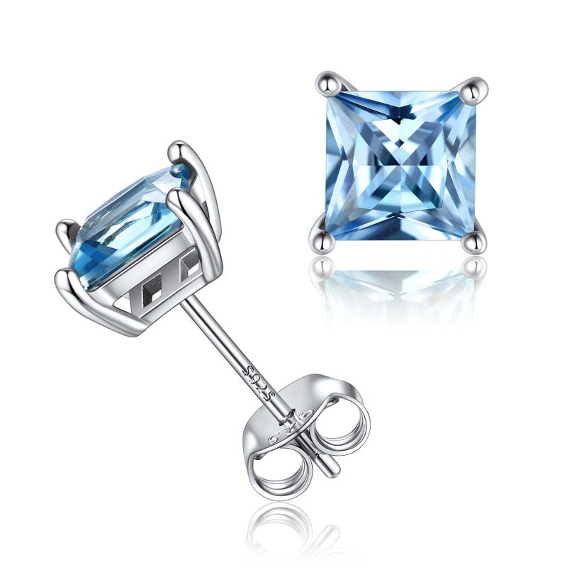 ChicSilver March Birthstone Earrings for Women 925 Sterling Silver Small Princess Cut Aquamarine Blue Gemstone Stud Earrings - Image 1