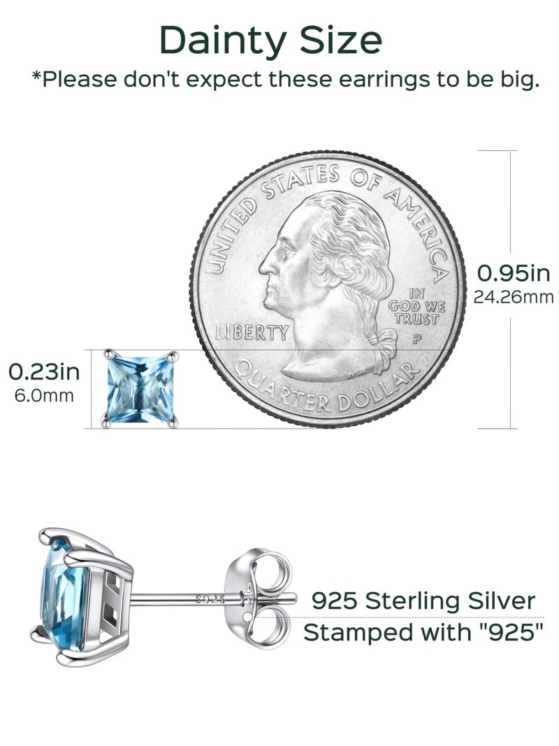 ChicSilver March Birthstone Earrings for Women 925 Sterling Silver Small Princess Cut Aquamarine Blue Gemstone Stud Earrings - Image 4