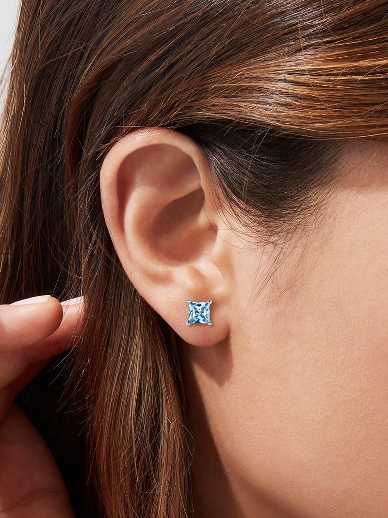 ChicSilver March Birthstone Earrings for Women 925 Sterling Silver Small Princess Cut Aquamarine Blue Gemstone Stud Earrings - Image 2