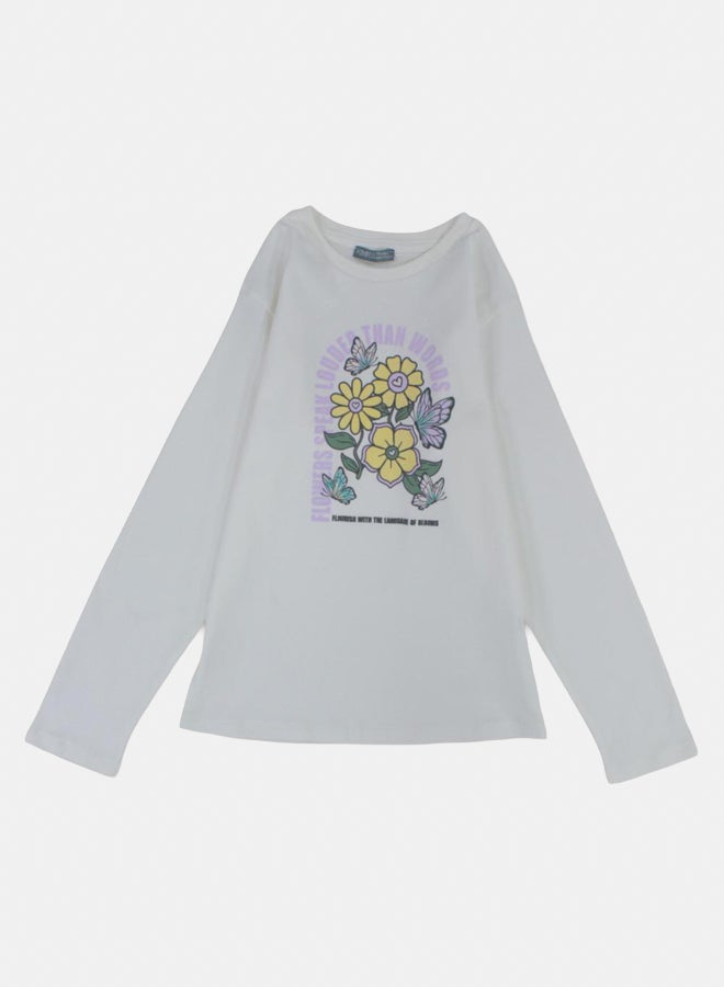 بمبيلو تيشيرت قطني للبنات – كريمي مع طباعة زهور - Image 1