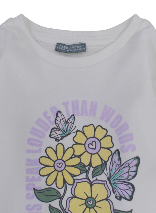 بمبيلو تيشيرت قطني للبنات – كريمي مع طباعة زهور - Image 3