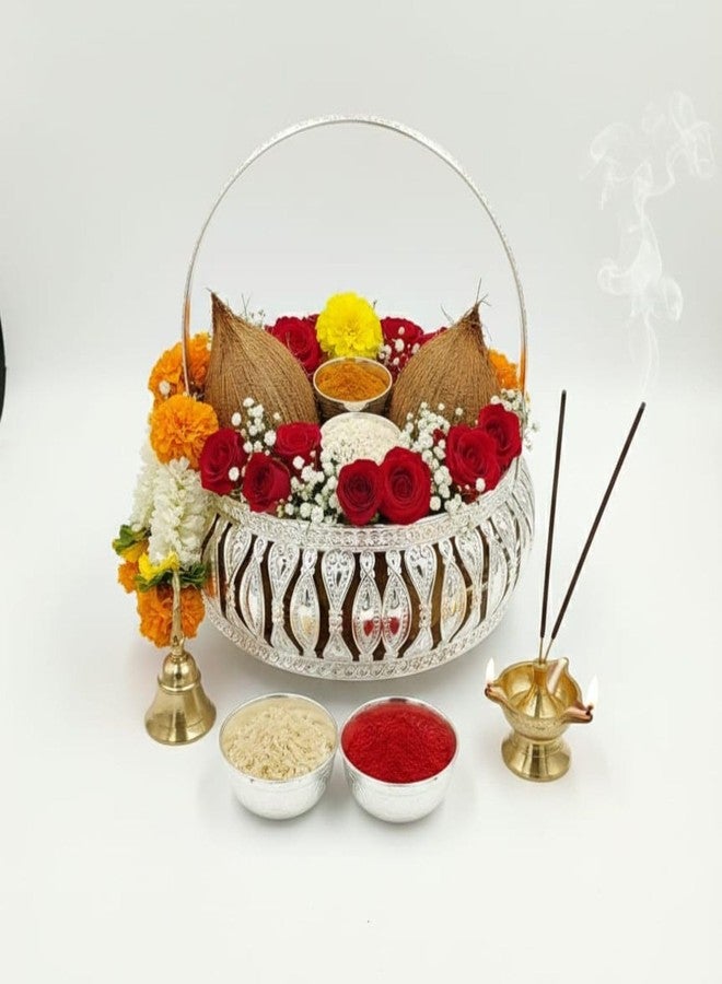 FOXEN COLLECTION Round German Silver Plated Tray| Round Decorative Tray | Best Gift for Pooja | Decor | Diwali | Anniversary | House Warming | Birthday (Pack of 1) Size: 6x6 Inches - Image 4