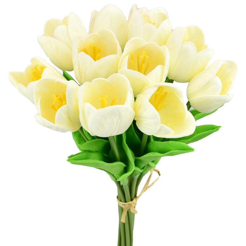 Mandy's Artificial Tulips 12 Stems Cream Partially Open PU Faux Flowers for Valentine's Day and Easter Wedding Home Decor 13.5 Inch - Image 1
