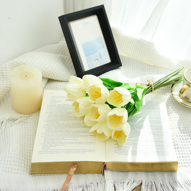 Mandy's Artificial Tulips 12 Stems Cream Partially Open PU Faux Flowers for Valentine's Day and Easter Wedding Home Decor 13.5 Inch - Image 3