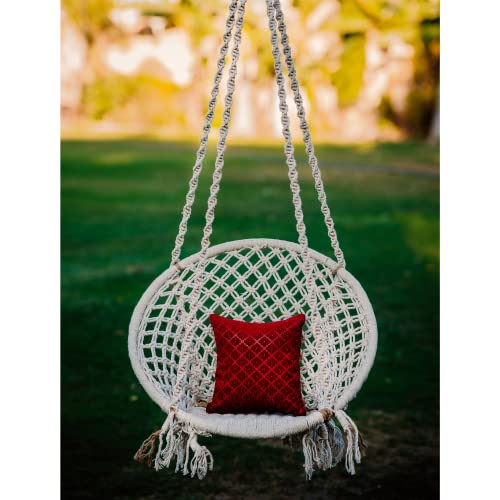 Patiofy Made in India Swing Chair for Balcony Home Indoor/Outdoor Hanging Wooden Swing for Kids Jhula Hanging Chair with White Rope and Hanging Accessories (White) - Image 1