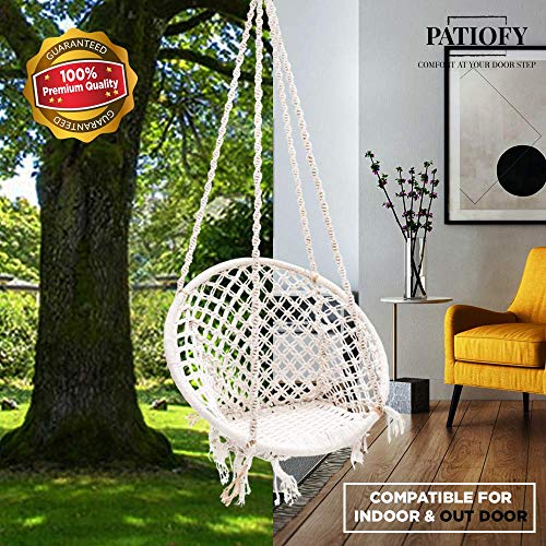 Patiofy Made in India Swing Chair for Balcony Home Indoor/Outdoor Hanging Wooden Swing for Kids Jhula Hanging Chair with White Rope and Hanging Accessories (White) - Image 5