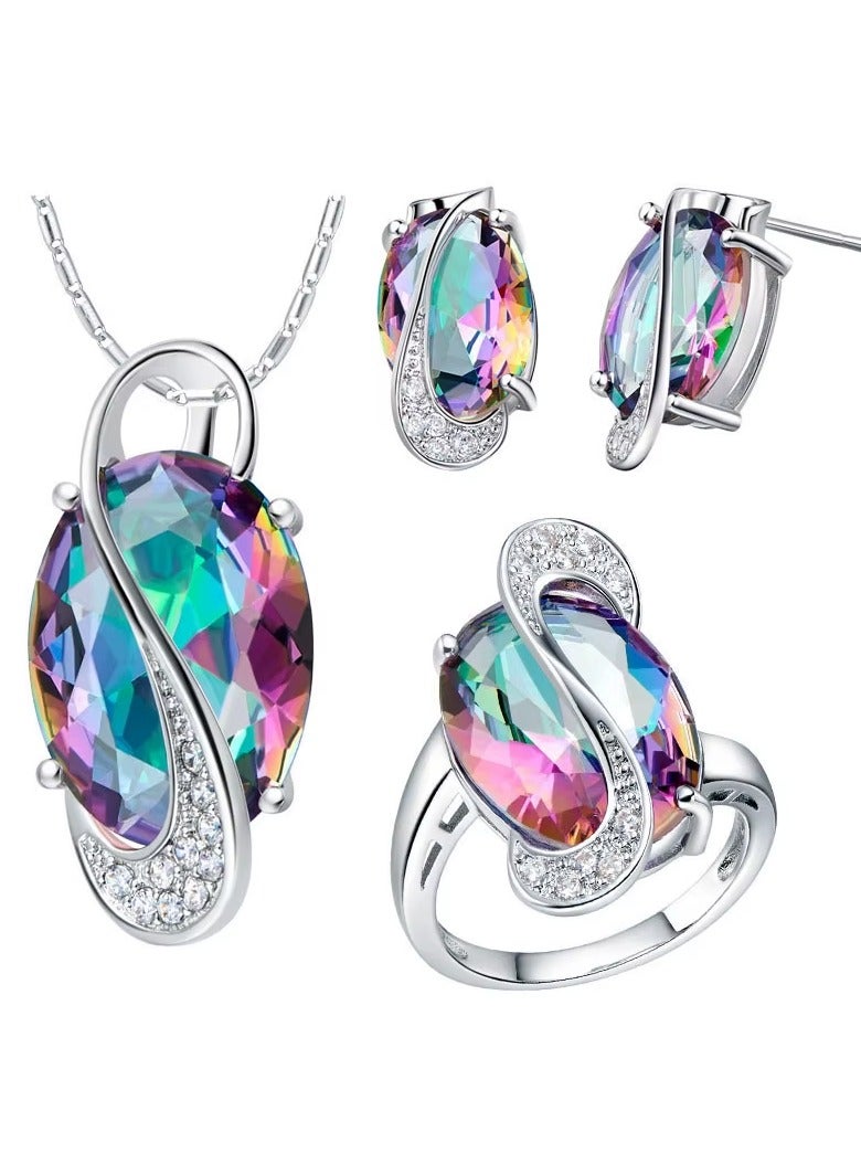 DubaiGallery New 925 sterling silver necklace with pendant Bridal Wedding Jewelry Sets Vintage Multicolor Crystal Zircon Necklace Earrings Ring for Women Accessory Set Party 