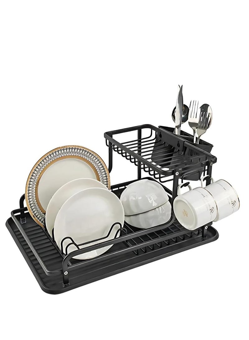 Dish Drying Stand – 2-Tier Kitchen Rack with Utensil Holder & Drain Board – Stainless Steel Dish Drainer for Kitchen – Black - Image 1