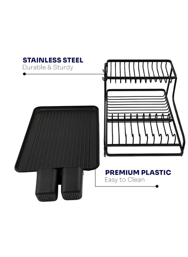 Dish Drying Stand – 2-Tier Kitchen Rack with Utensil Holder & Drain Board – Stainless Steel Dish Drainer for Kitchen – Black - Image 4