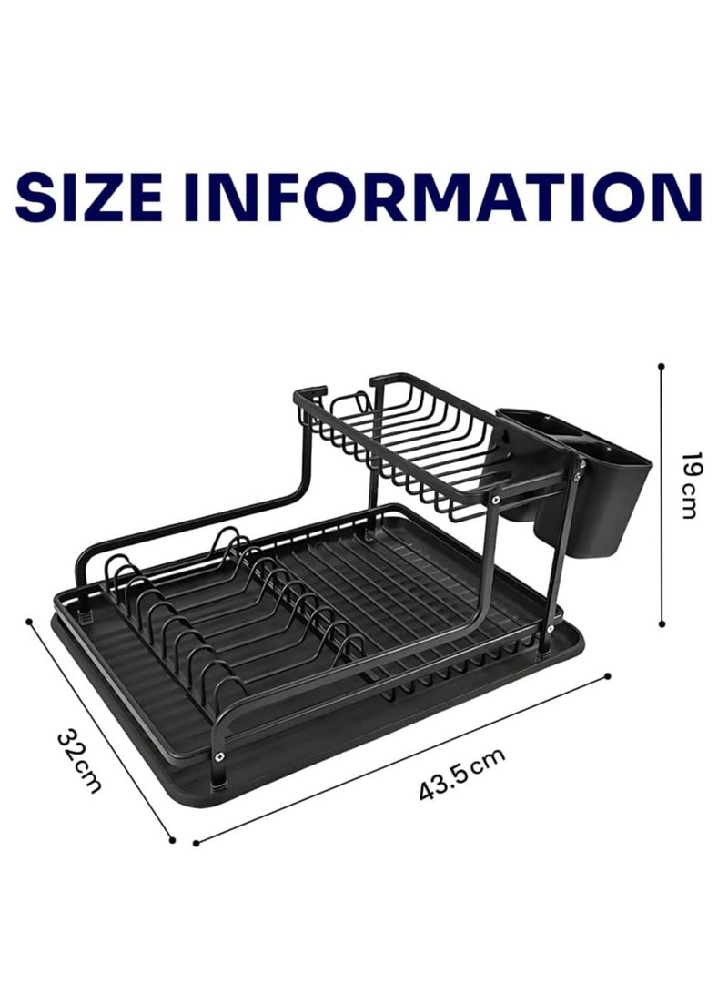 Dish Drying Stand – 2-Tier Kitchen Rack with Utensil Holder & Drain Board – Stainless Steel Dish Drainer for Kitchen – Black - Image 2