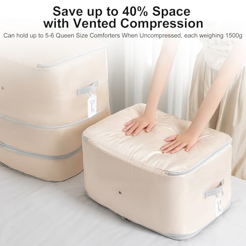 Easortm Comforter Storage Bag - 130L Large Capacity Blanket Storage Bags 3-Layer Ultra Space Saving Self Compression Organizer, Washable Compression Bags for Storage Comforter Blanket, 4-Pack, Beige - Image 3