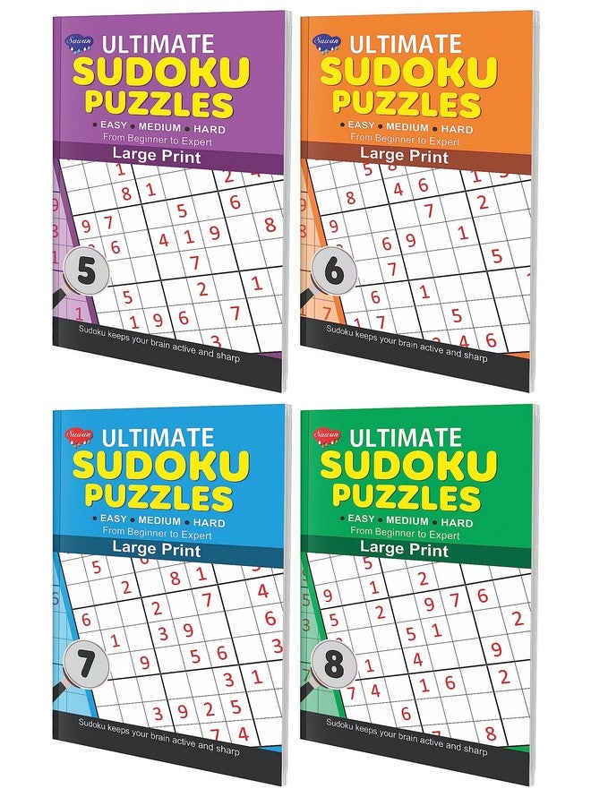 SAWAN Set of 4 Ultimate Sudoku Puzzles - 5,6,7,8 Large print for easy reading and solving - Image 1