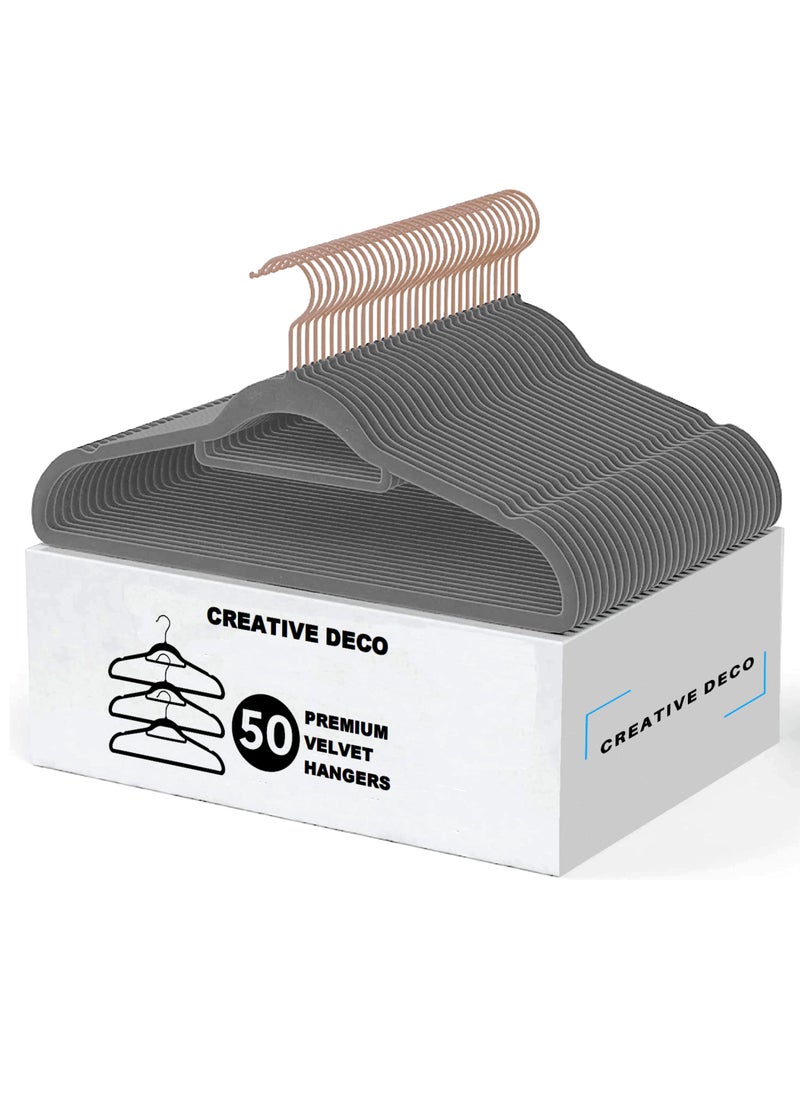 Creative Deco - CREATIVE DECO - Premium Velvet Clothes Hangers 50 Pack | Grey/Rose Gold  Hangers for Coats, Pants & Dress Pants, Non Slip Felt Hangers, Non Slip Clothes Hangers Set, Heavy Duty Coat Hangers (Grey) - Image 1