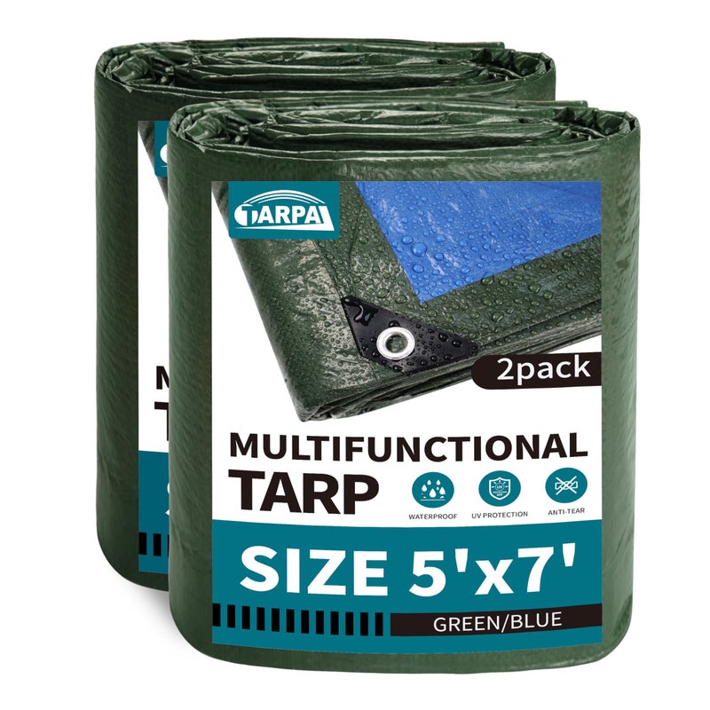 Tarpal 5X7 Feet Green Tarp Waterproof (2 Pack) Small Tarps Multipurpose Protective Cover All Purpose Poly Tarps Cover For Firewood Outdoor Furniture Etc - Image 1