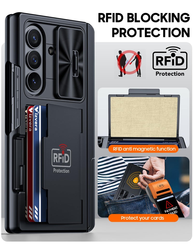 Vizvera for Samsung Galaxy Z Fold 7 Case RFID Wallet with Cards Holder[Kickstand][Camera Cover] Shockproof Silicone Protective Phone Case for Z Fold 7 2025-Black - Image 3
