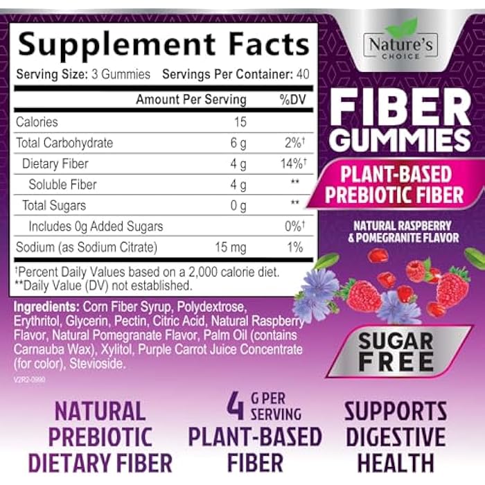 Nature's Choice Fiber Gummies For Adults - Daily Digestive Health & Regularity Support - Sugar Free Soluble Fiber 4g Per Serving Gummy Supplement - Plant Based Prebiotic Gut & Digestion Support Gummy - 120 Gummies - Image 2