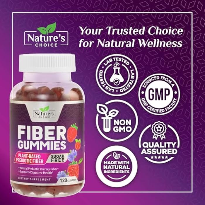 Nature's Choice Fiber Gummies For Adults - Daily Digestive Health & Regularity Support - Sugar Free Soluble Fiber 4g Per Serving Gummy Supplement - Plant Based Prebiotic Gut & Digestion Support Gummy - 120 Gummies - Image 4