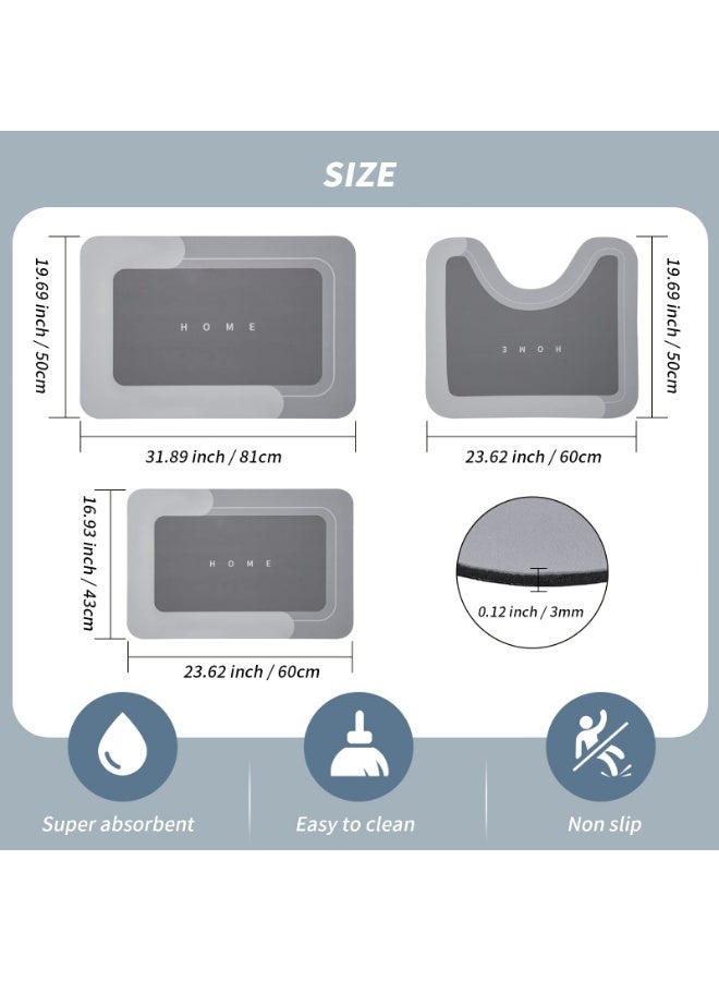 LOKIPA 3PCS Absorbent Bath Mat Magic Rug Sets, Quick Drying Bath Mat Non-Slip Floor Rug Rubber Backed for Bathroom Kitchen Shower Sink (16.9''x23.6''+19.7''x23.6''+19.7''x31.9'', Dark Gray) - Image 2