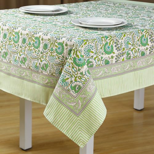 Newtay 60 x 60 Agate Green Cotton Tablecloth Handmade Indian Block Print Floral Tablecloth Dust Proof Square Table Cover for Kitchen Dining Wedding Party Holiday Buffet Farmhouse