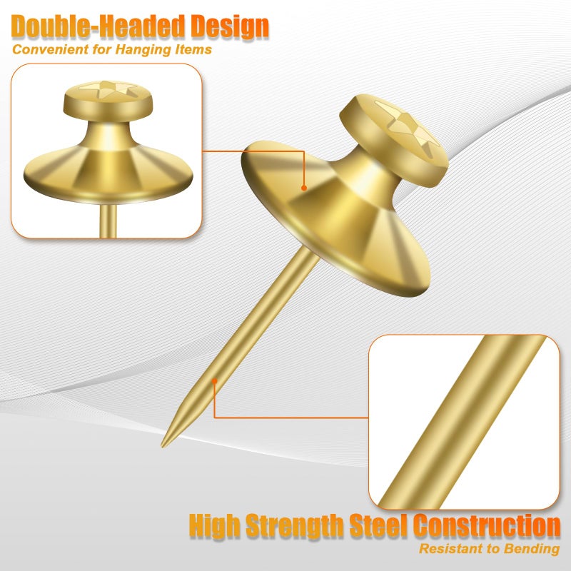 Kurui 60-Pack Gold Push Pins For Wall Hanging  Metal Heavy Duty Thumb Tacks For Cork Board Bulletin Board Map  Double Headed Picture Hanging Nails For Canvas Frame  Renter Friendly Picture Hangers - Image 5
