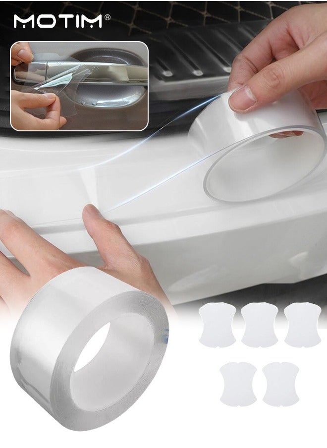 Motim 2 IN 1, 1 Roll Car Door Edge Guards, Door Sill Protector Sticker, Anti-Collision Protection Strip Wrap Film (1.28In/16.4Ft) and 5 Pcs Car Door Handle Sticker, Anti-Scratches, Car Door Cup Protector, Auto Door Handle Protective Film, Clear  - Image 1