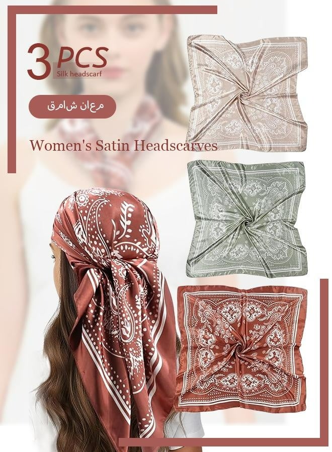 3 Pcs Satin Headscarves For Women - Large Square Silk Bandanas(90X90Cm) | Classic Patterned Hair Scarves | Versatile Beach, Casual & Formal Accessories - Image 1