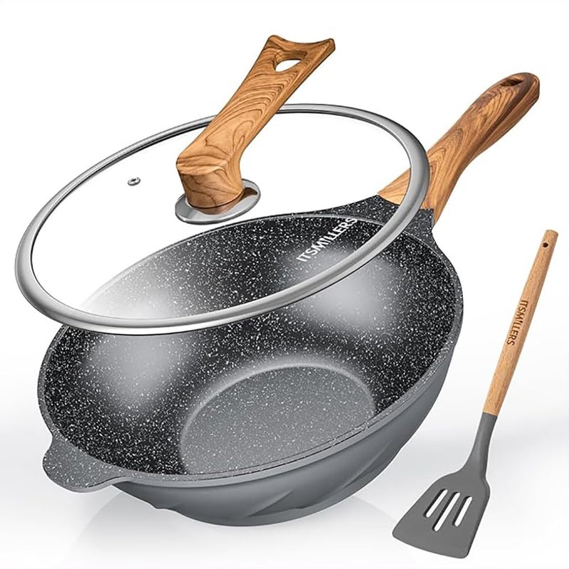 ITSMILLERS Nonstick Wok and Stir Fry Pan 125 inch with Spatula Diecast Aluminum Scratch Resistant Healthy Wok with Freestanding Lid