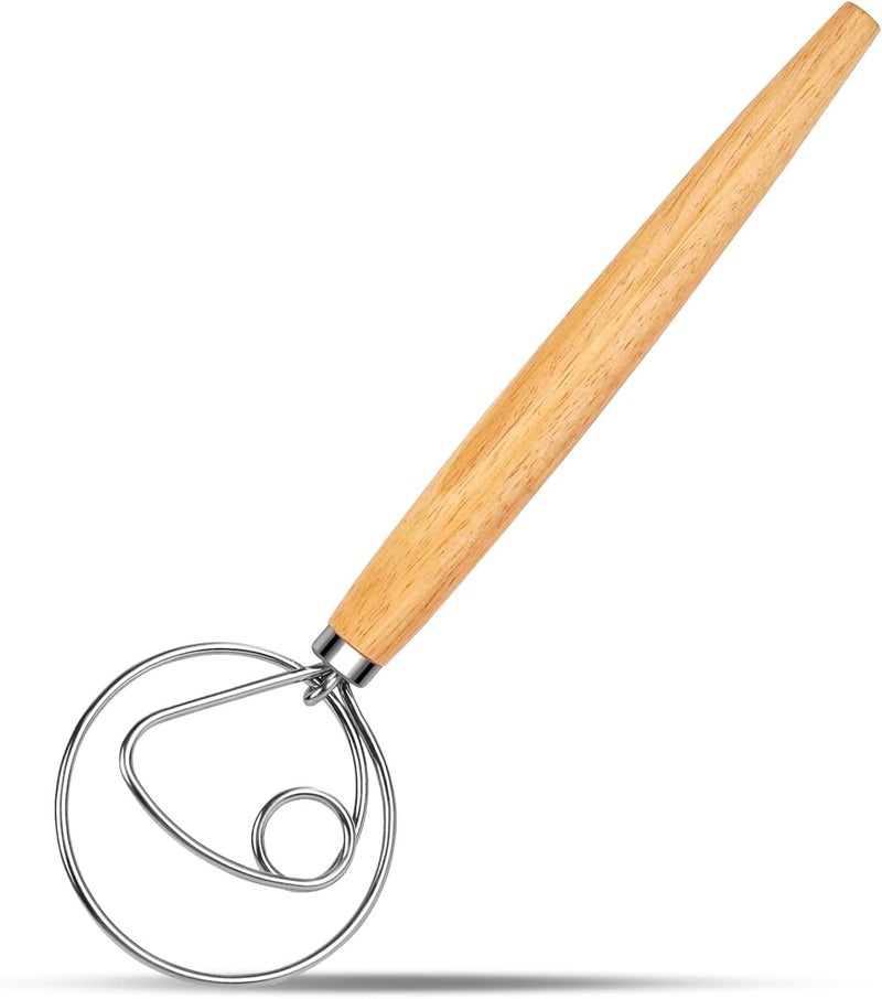 agttete Danish Dough Whisk Stainless Steel Hook Dutch Bread Mixer for Sourdough Baking Hand Tool with Wooden Handle Making Blending Pastry Pizza Dough - Image 1